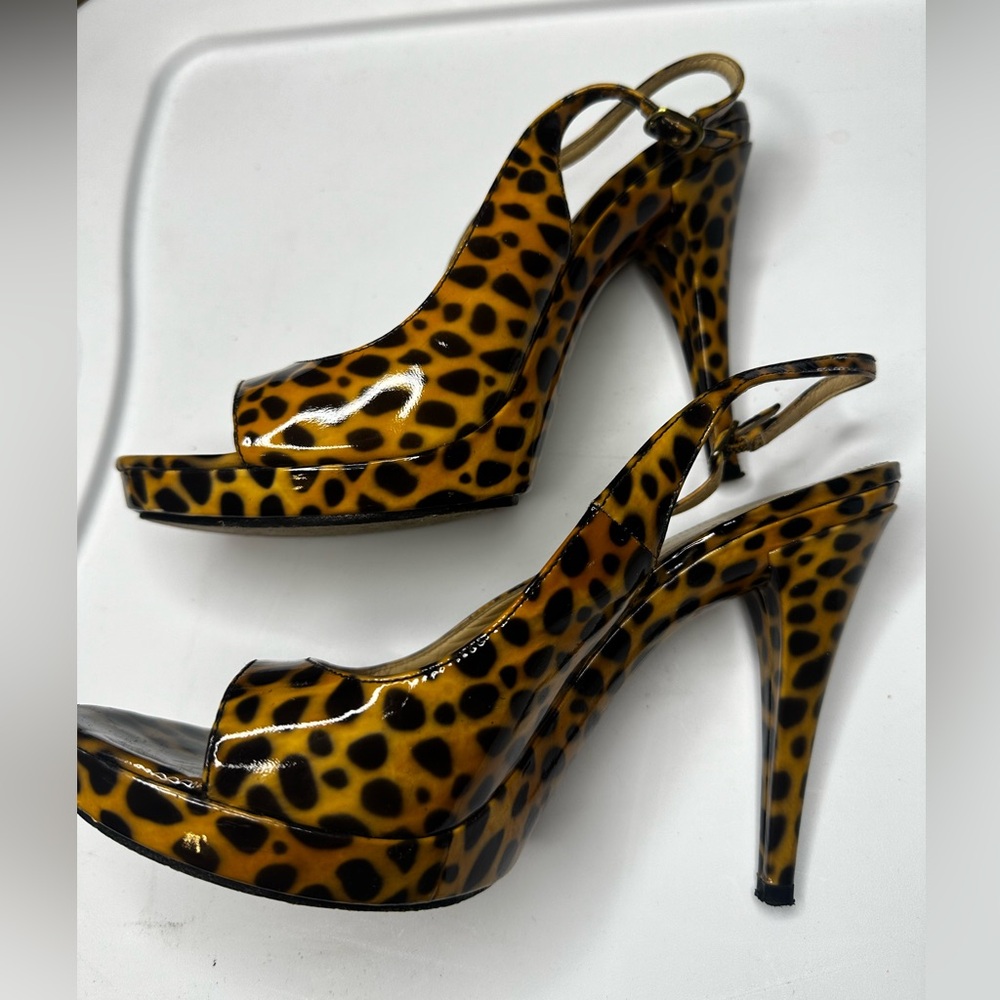 VIA SPIGA Women’s 8.5 Leather Animal Print Platform High Heel Slingback Sandals